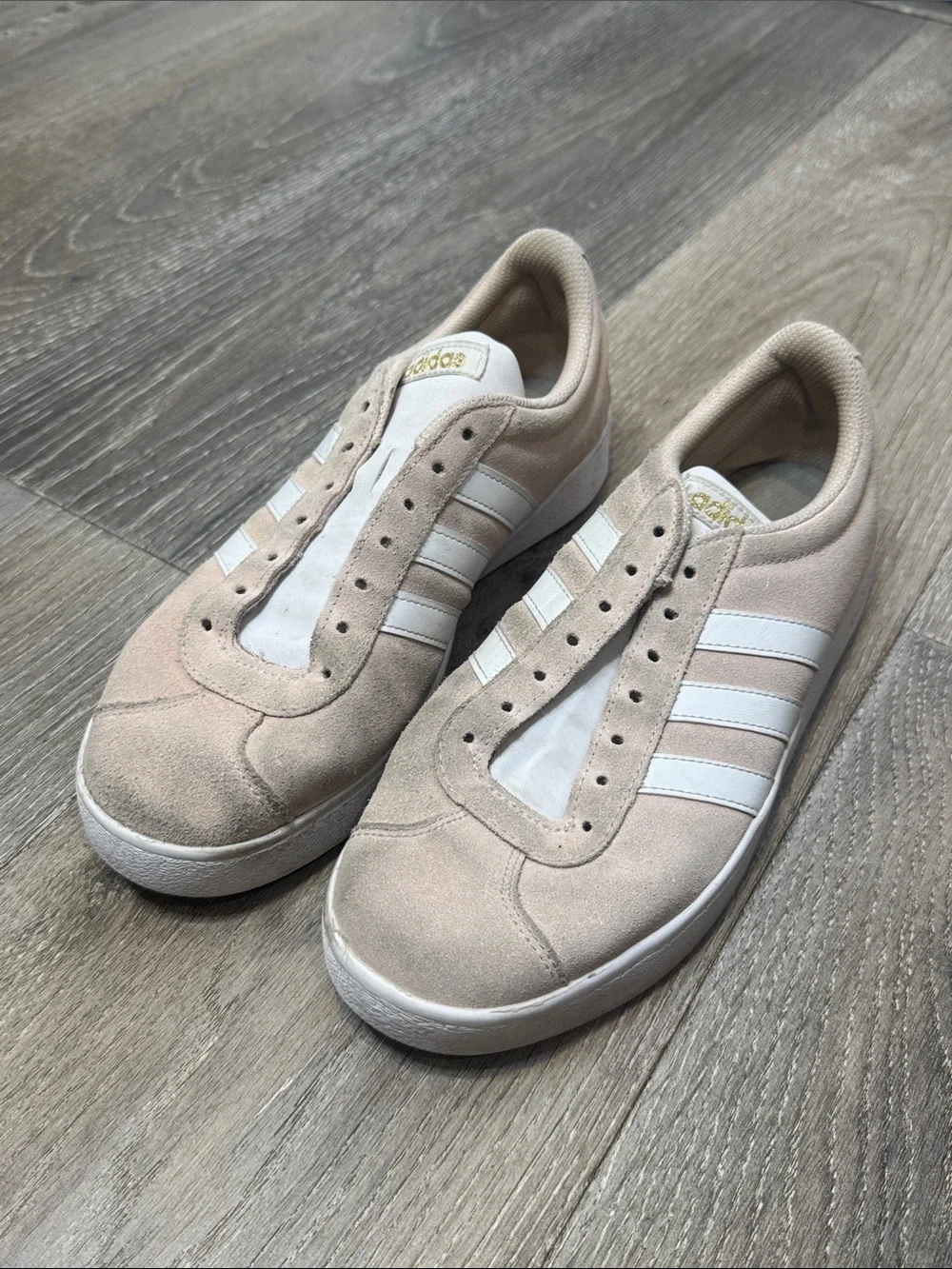 adidas Women's Light Pink Suede Low-Top Sneakers with White Stripes CB